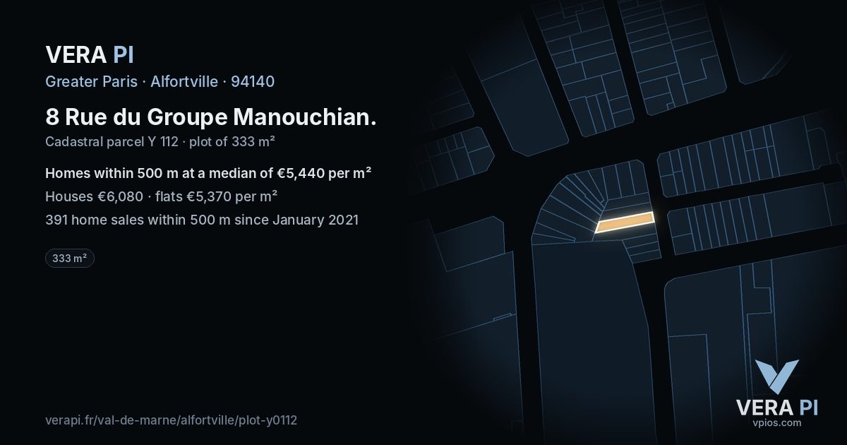 8 Rue du Groupe Manouchian, Alfortville at night – the plot lit, the parcels around coloured by the prices near them