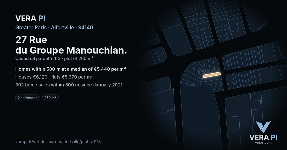 27 Rue du Groupe Manouchian, Alfortville at night – the plot lit, the parcels around coloured by the prices near them