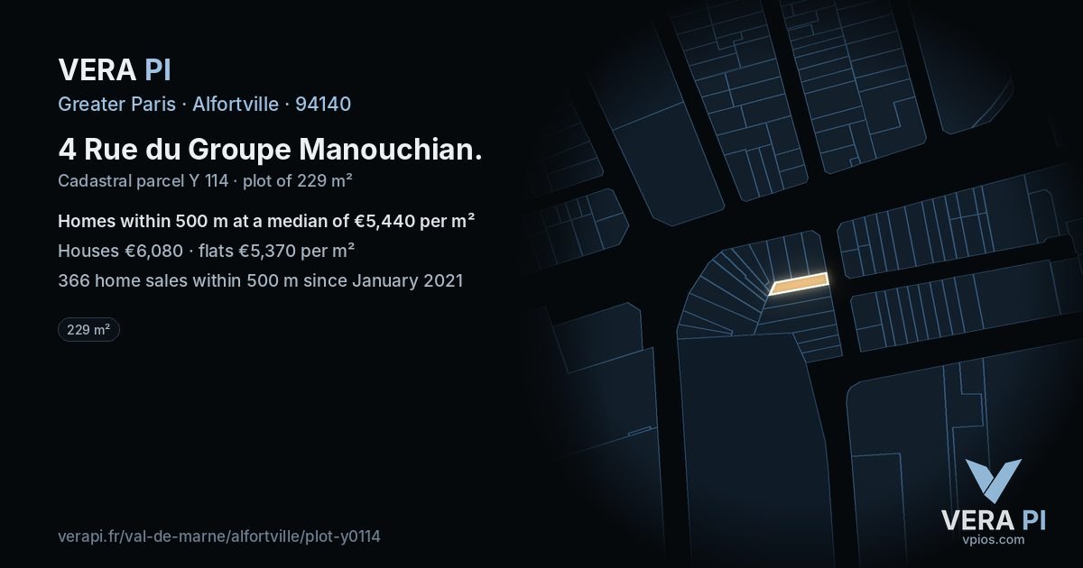 4 Rue du Groupe Manouchian, Alfortville at night – the plot lit, the parcels around coloured by the prices near them