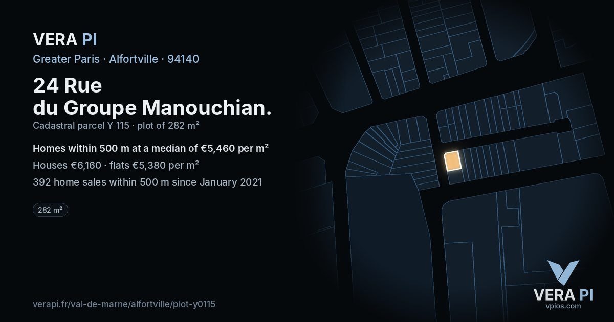 24 Rue du Groupe Manouchian, Alfortville at night – the plot lit, the parcels around coloured by the prices near them