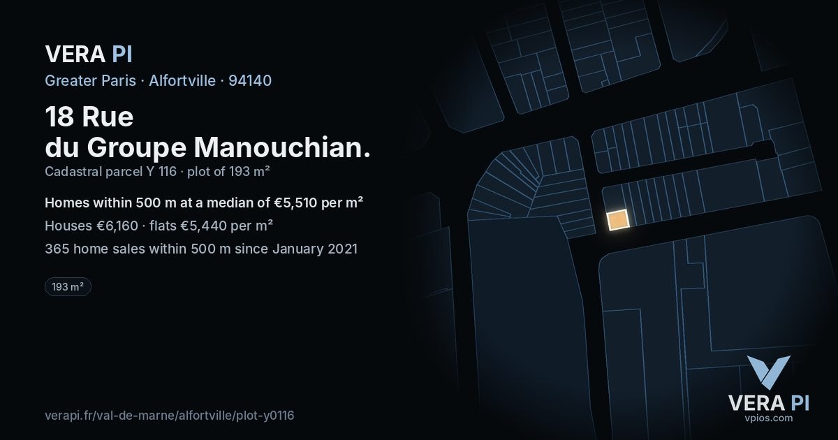 18 Rue du Groupe Manouchian, Alfortville at night – the plot lit, the parcels around coloured by the prices near them