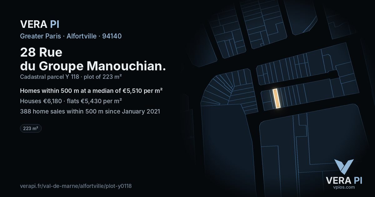 28 Rue du Groupe Manouchian, Alfortville at night – the plot lit, the parcels around coloured by the prices near them