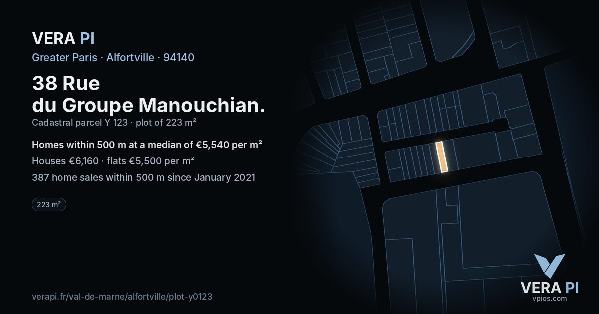 38 Rue du Groupe Manouchian, Alfortville at night – the plot lit, the parcels around coloured by the prices near them