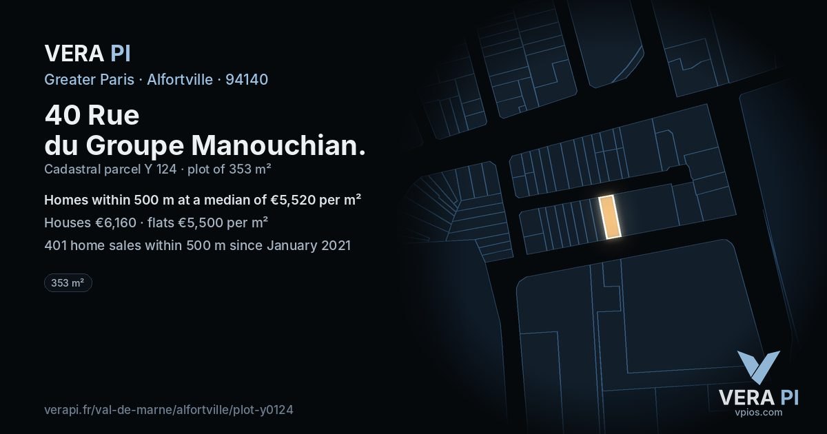 40 Rue du Groupe Manouchian, Alfortville at night – the plot lit, the parcels around coloured by the prices near them