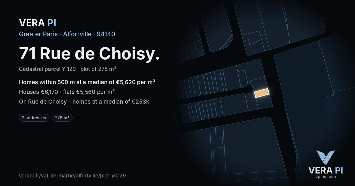 71 Rue de Choisy, Alfortville at night – the plot lit, the parcels around coloured by the prices near them