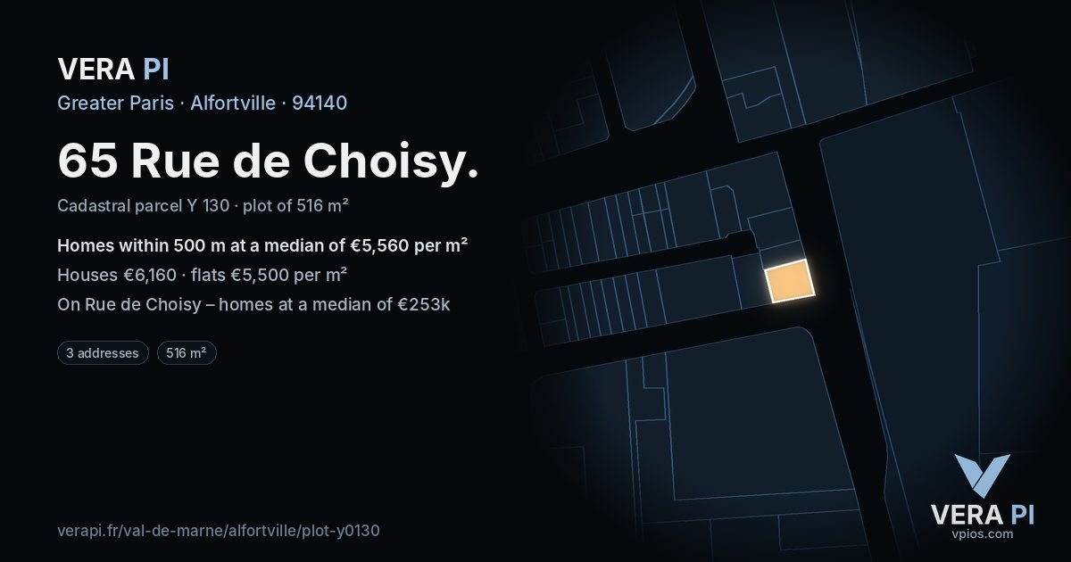 65 Rue de Choisy, Alfortville at night – the plot lit, the parcels around coloured by the prices near them