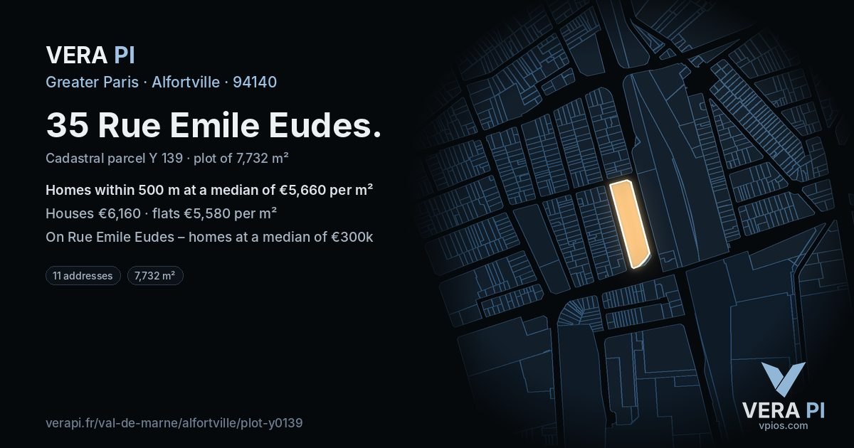 35 Rue Emile Eudes, Alfortville at night – the plot lit, the parcels around coloured by the prices near them