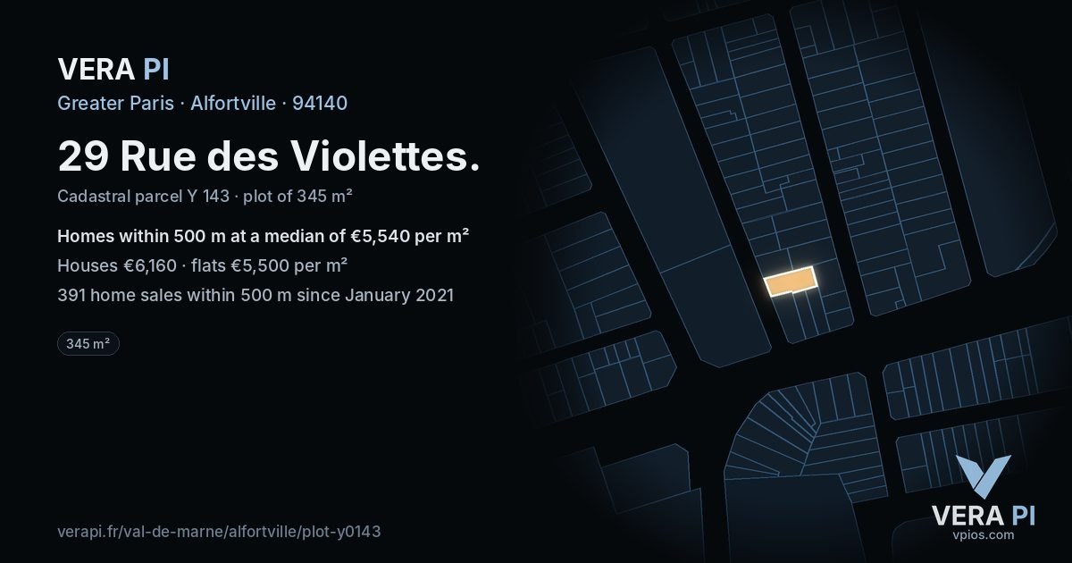 29 Rue des Violettes, Alfortville at night – the plot lit, the parcels around coloured by the prices near them