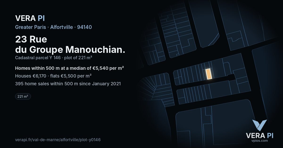 23 Rue du Groupe Manouchian, Alfortville at night – the plot lit, the parcels around coloured by the prices near them