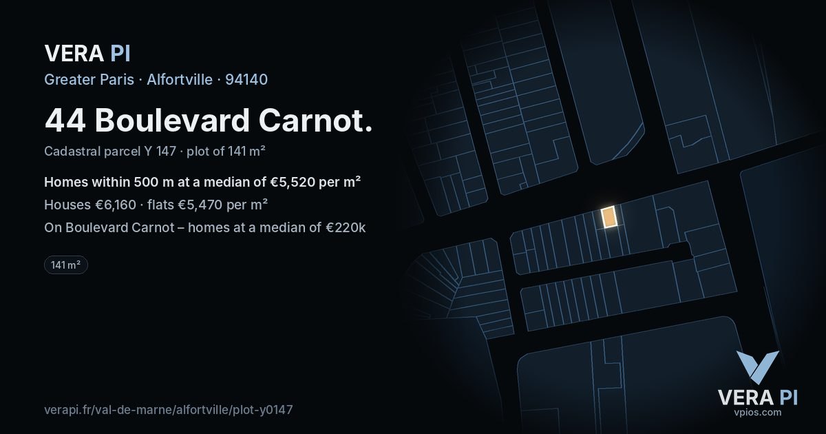 44 Boulevard Carnot, Alfortville at night – the plot lit, the parcels around coloured by the prices near them
