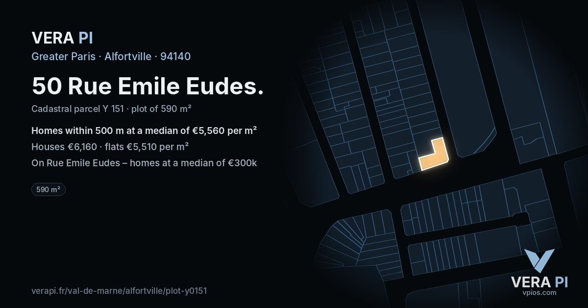 50 Rue Emile Eudes, Alfortville at night – the plot lit, the parcels around coloured by the prices near them