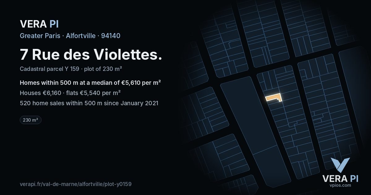 7 Rue des Violettes, Alfortville at night – the plot lit, the parcels around coloured by the prices near them