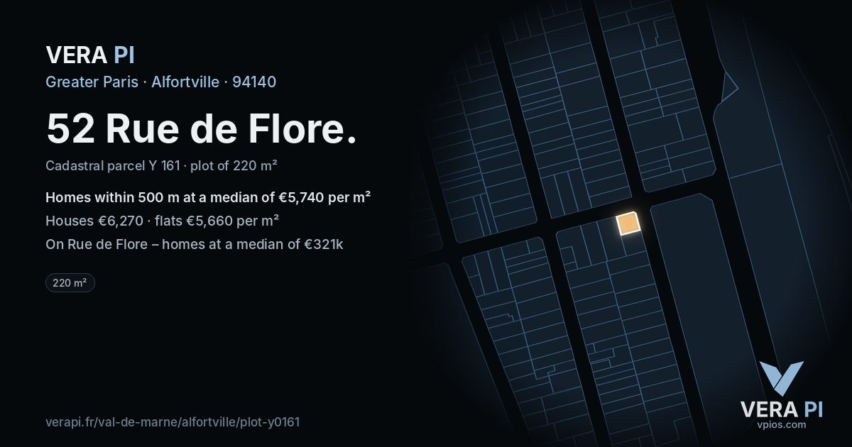 52 Rue de Flore, Alfortville at night – the plot lit, the parcels around coloured by the prices near them