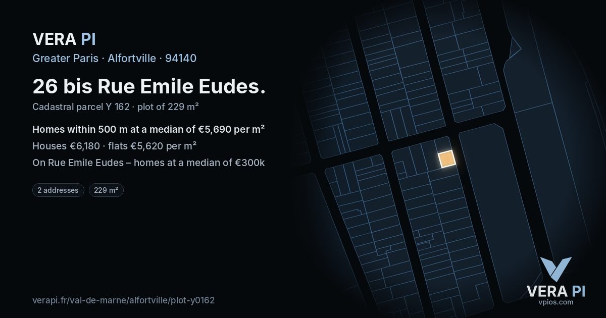 26 bis Rue Emile Eudes, Alfortville at night – the plot lit, the parcels around coloured by the prices near them