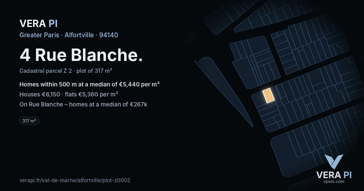 4 Rue Blanche, Alfortville at night – the plot lit, the parcels around coloured by the prices near them