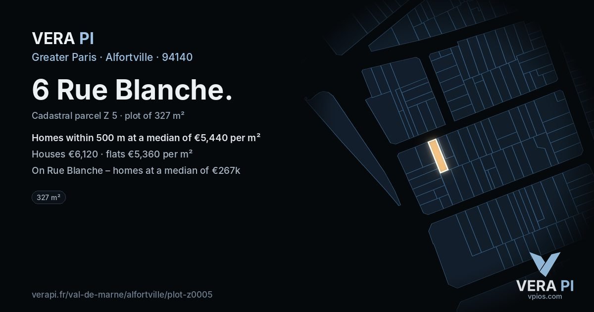 6 Rue Blanche, Alfortville at night – the plot lit, the parcels around coloured by the prices near them