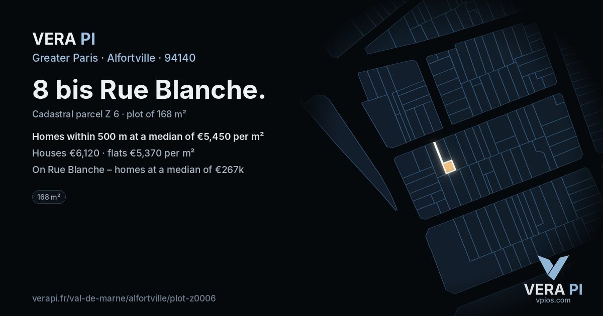 8 bis Rue Blanche, Alfortville at night – the plot lit, the parcels around coloured by the prices near them