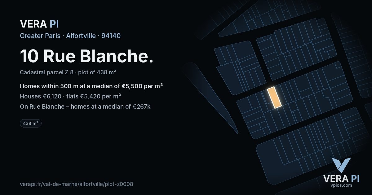 10 Rue Blanche, Alfortville at night – the plot lit, the parcels around coloured by the prices near them
