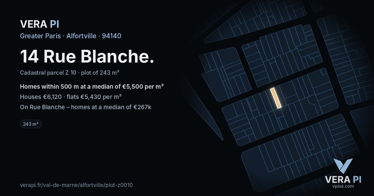 14 Rue Blanche, Alfortville at night – the plot lit, the parcels around coloured by the prices near them