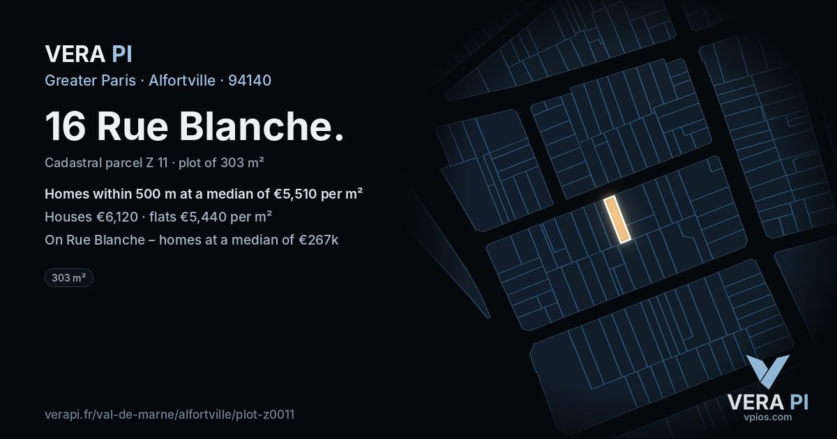 16 Rue Blanche, Alfortville at night – the plot lit, the parcels around coloured by the prices near them