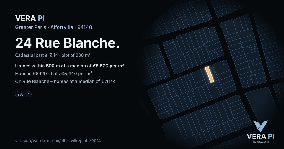 24 Rue Blanche, Alfortville at night – the plot lit, the parcels around coloured by the prices near them