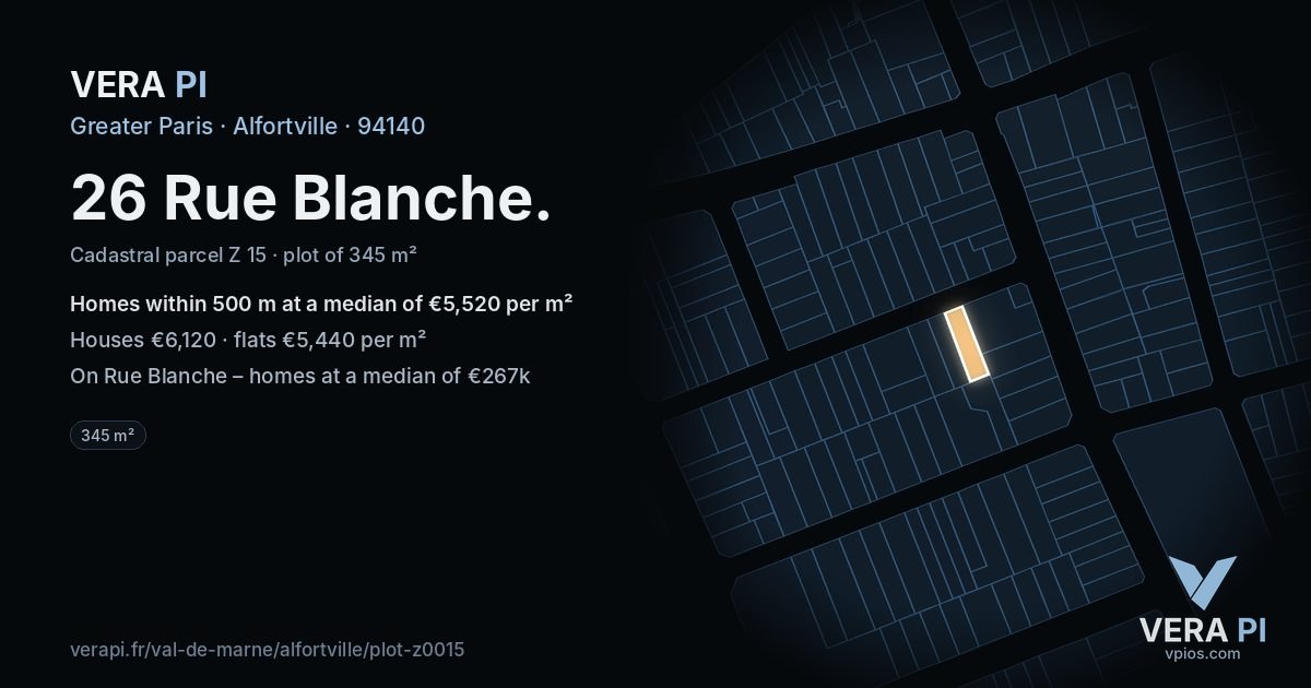 26 Rue Blanche, Alfortville at night – the plot lit, the parcels around coloured by the prices near them