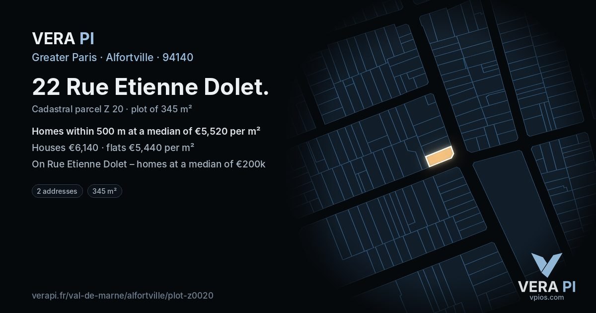 22 Rue Etienne Dolet, Alfortville at night – the plot lit, the parcels around coloured by the prices near them