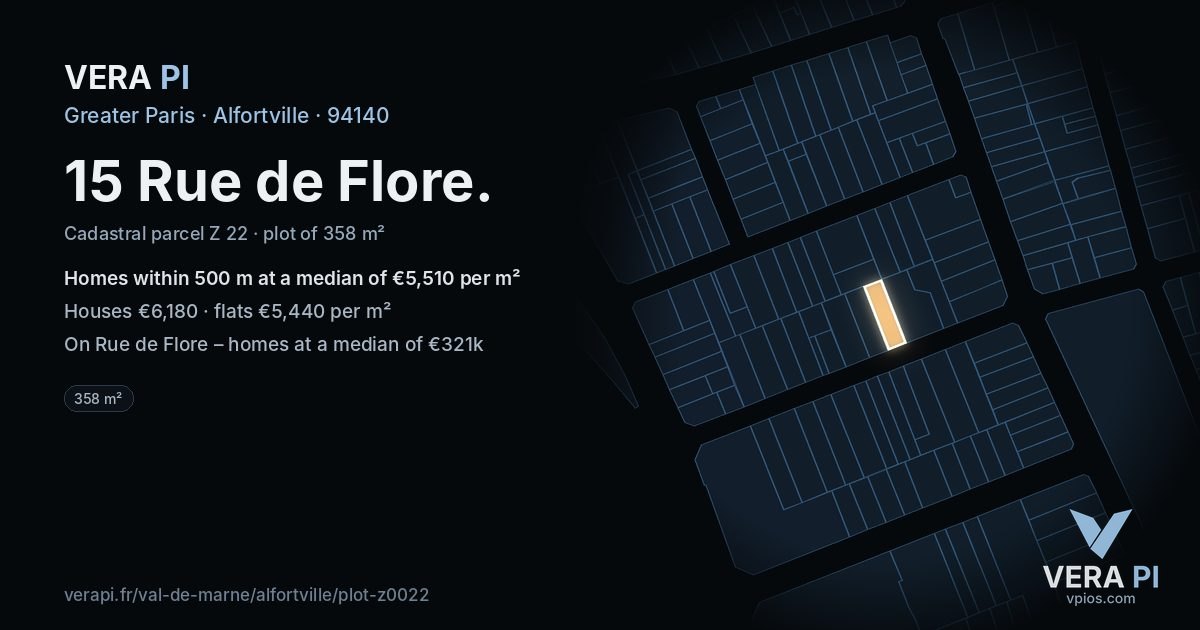 15 Rue de Flore, Alfortville at night – the plot lit, the parcels around coloured by the prices near them