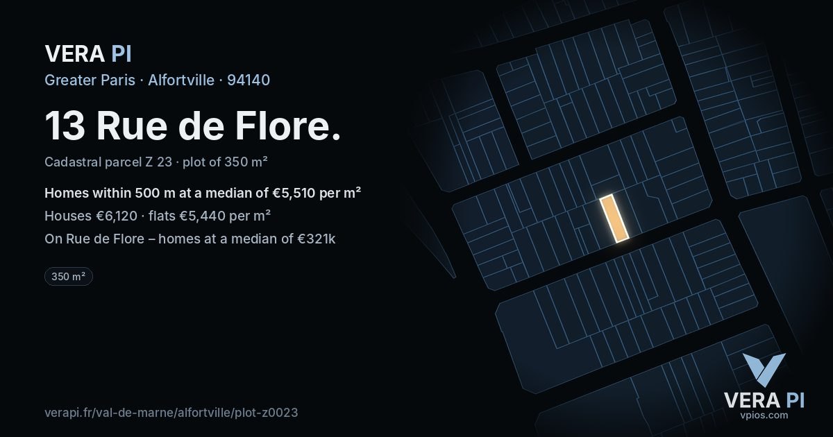 13 Rue de Flore, Alfortville at night – the plot lit, the parcels around coloured by the prices near them