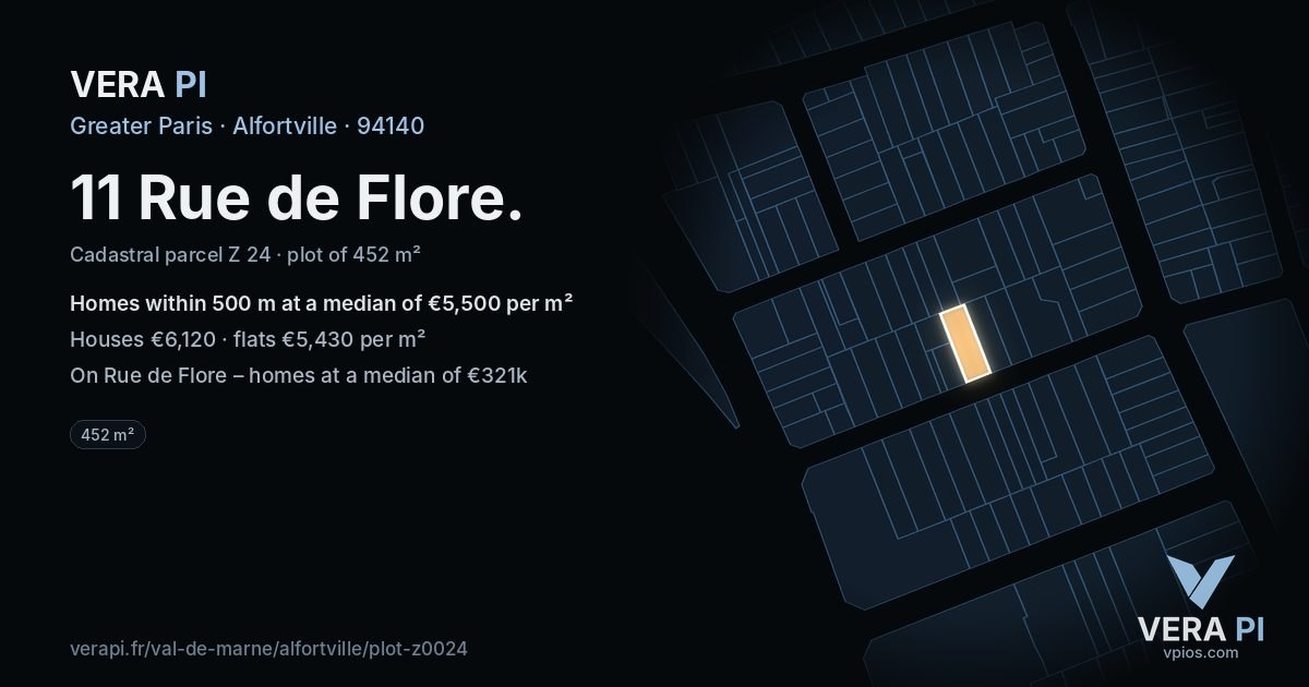 11 Rue de Flore, Alfortville at night – the plot lit, the parcels around coloured by the prices near them