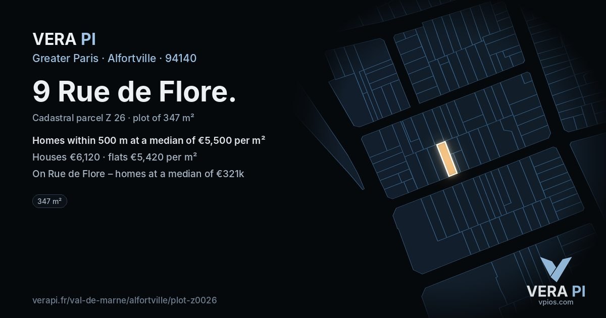 9 Rue de Flore, Alfortville at night – the plot lit, the parcels around coloured by the prices near them