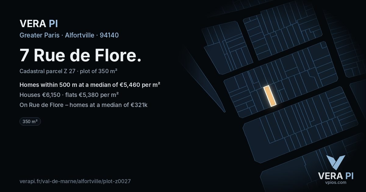 7 Rue de Flore, Alfortville at night – the plot lit, the parcels around coloured by the prices near them