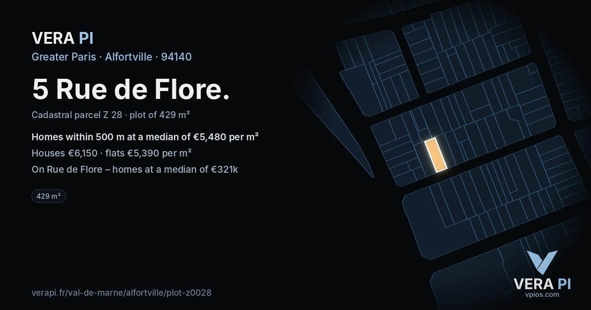 5 Rue de Flore, Alfortville at night – the plot lit, the parcels around coloured by the prices near them