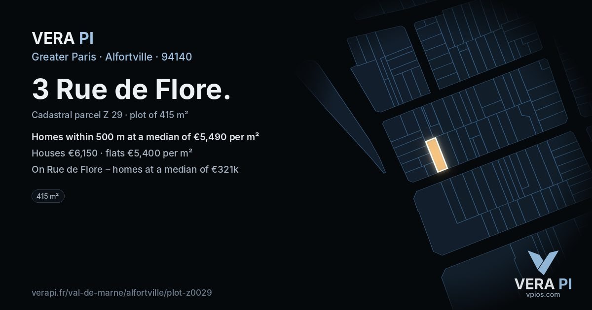 3 Rue de Flore, Alfortville at night – the plot lit, the parcels around coloured by the prices near them