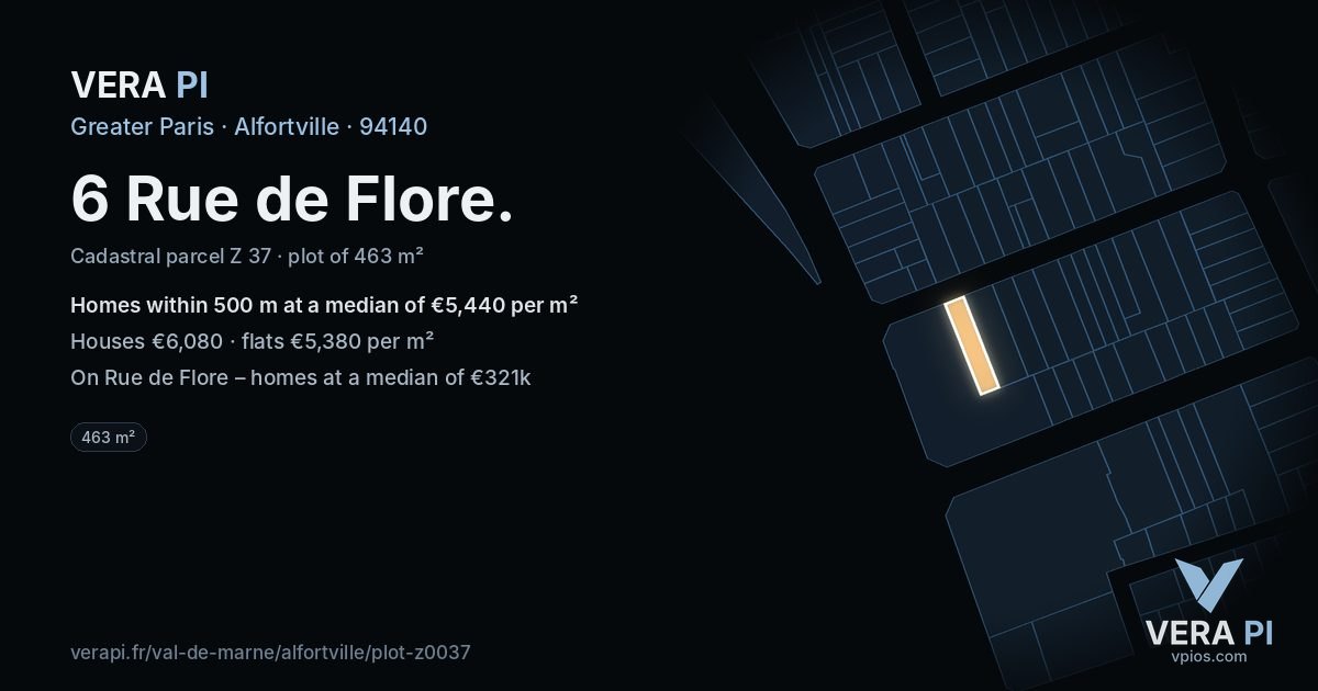 6 Rue de Flore, Alfortville at night – the plot lit, the parcels around coloured by the prices near them