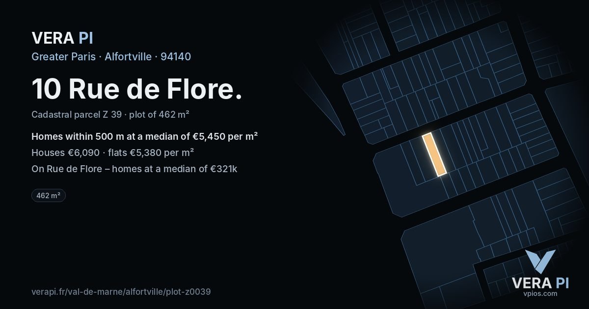 10 Rue de Flore, Alfortville at night – the plot lit, the parcels around coloured by the prices near them