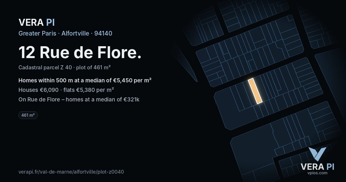 12 Rue de Flore, Alfortville at night – the plot lit, the parcels around coloured by the prices near them