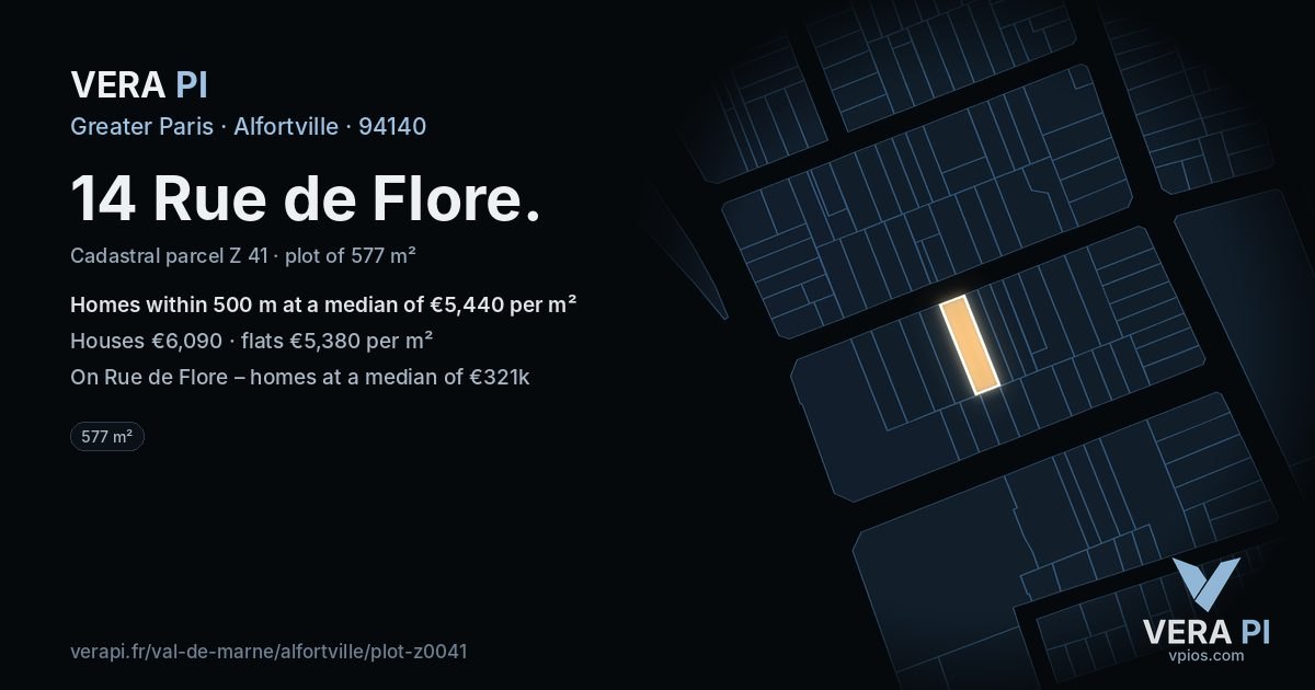 14 Rue de Flore, Alfortville at night – the plot lit, the parcels around coloured by the prices near them