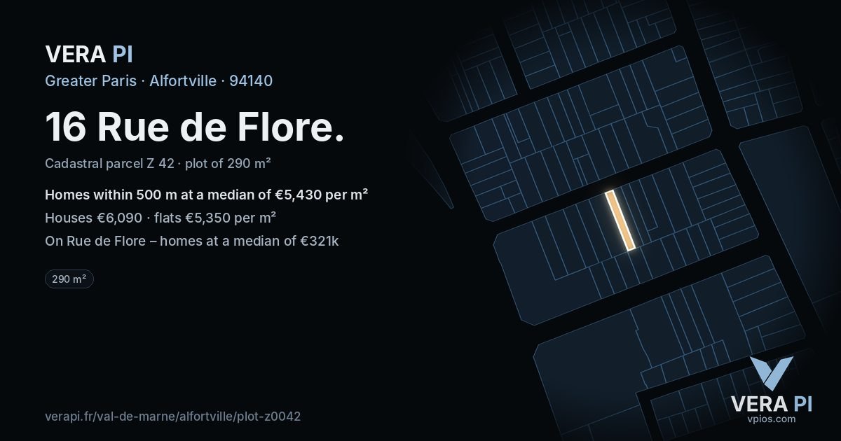 16 Rue de Flore, Alfortville at night – the plot lit, the parcels around coloured by the prices near them