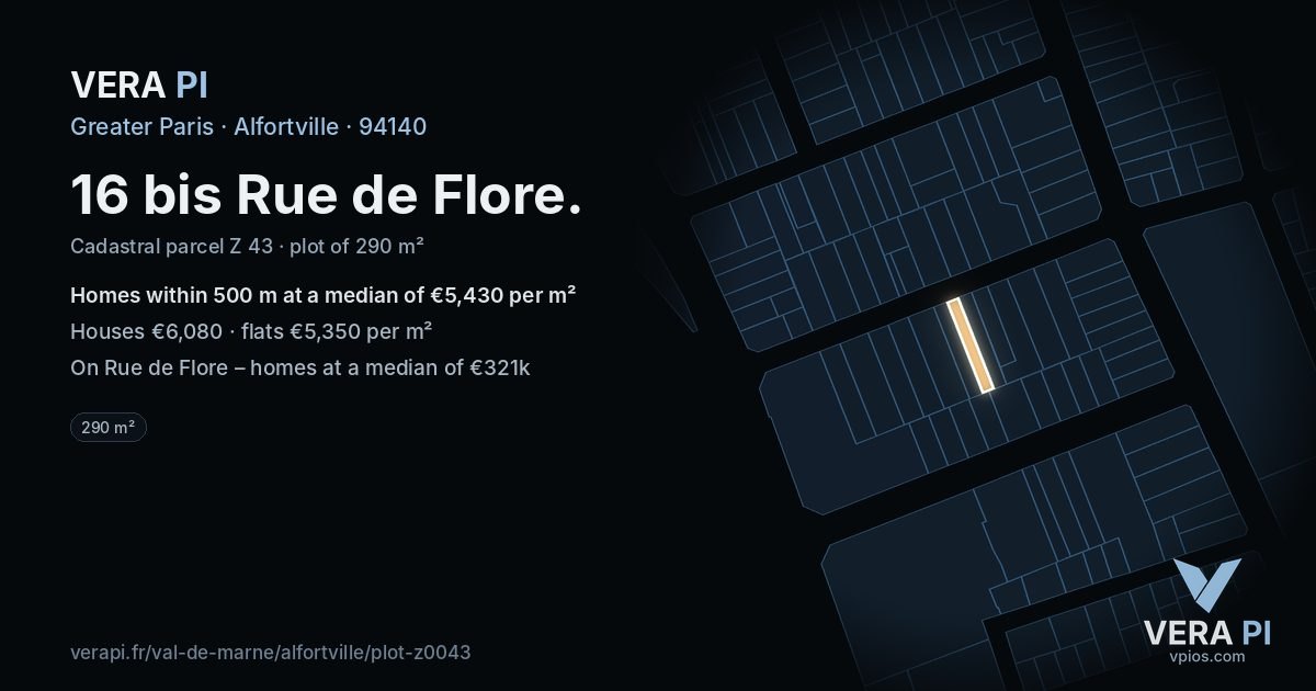 16 bis Rue de Flore, Alfortville at night – the plot lit, the parcels around coloured by the prices near them