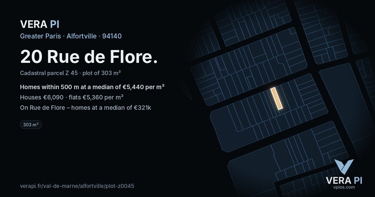 20 Rue de Flore, Alfortville at night – the plot lit, the parcels around coloured by the prices near them