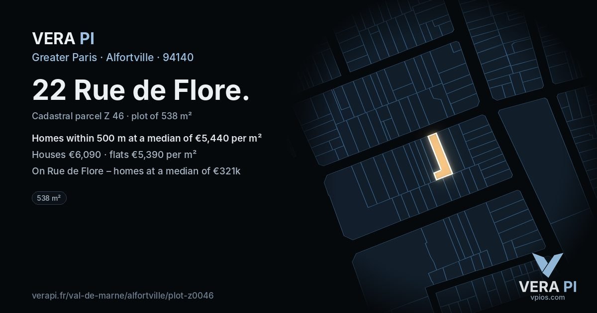 22 Rue de Flore, Alfortville at night – the plot lit, the parcels around coloured by the prices near them