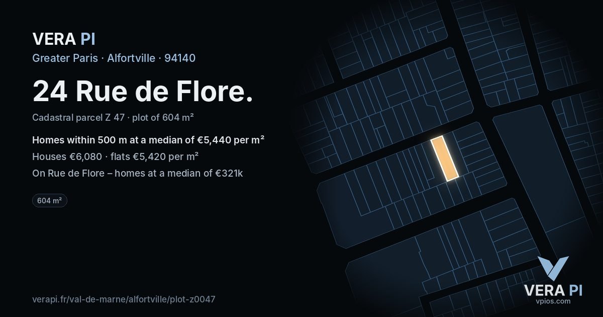 24 Rue de Flore, Alfortville at night – the plot lit, the parcels around coloured by the prices near them