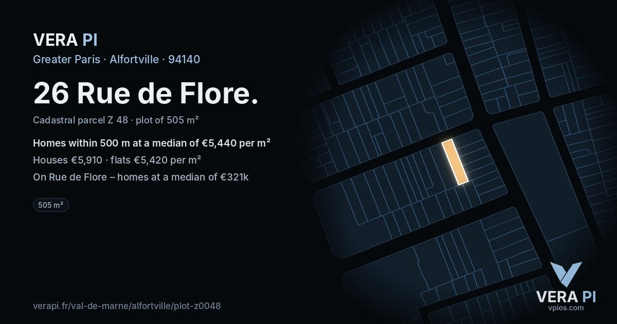 26 Rue de Flore, Alfortville at night – the plot lit, the parcels around coloured by the prices near them