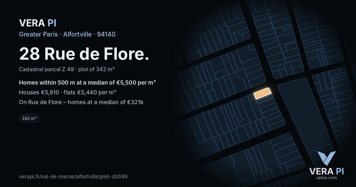 28 Rue de Flore, Alfortville at night – the plot lit, the parcels around coloured by the prices near them