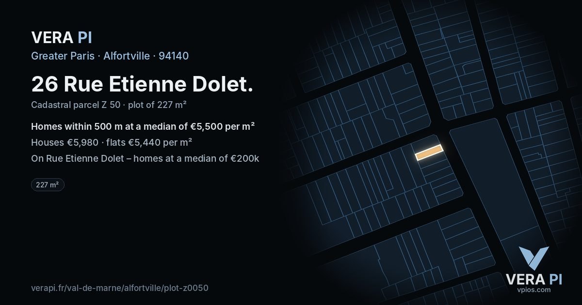 26 Rue Etienne Dolet, Alfortville at night – the plot lit, the parcels around coloured by the prices near them