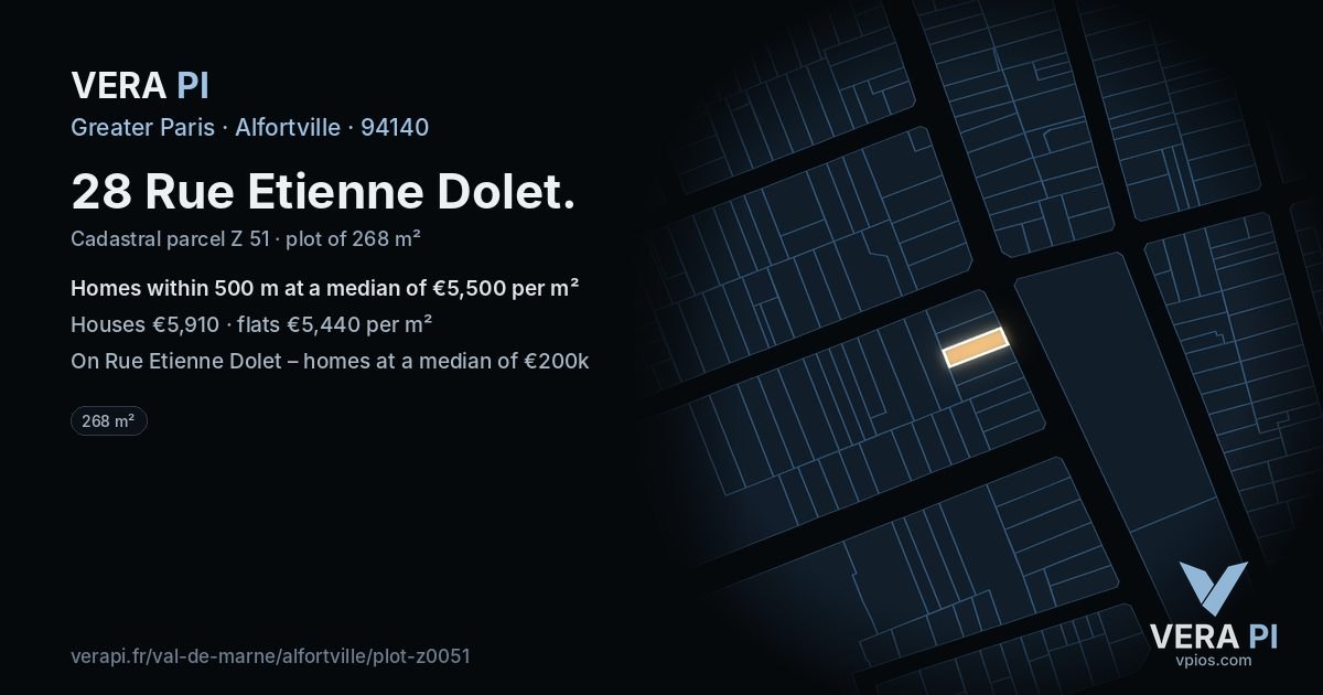 28 Rue Etienne Dolet, Alfortville at night – the plot lit, the parcels around coloured by the prices near them