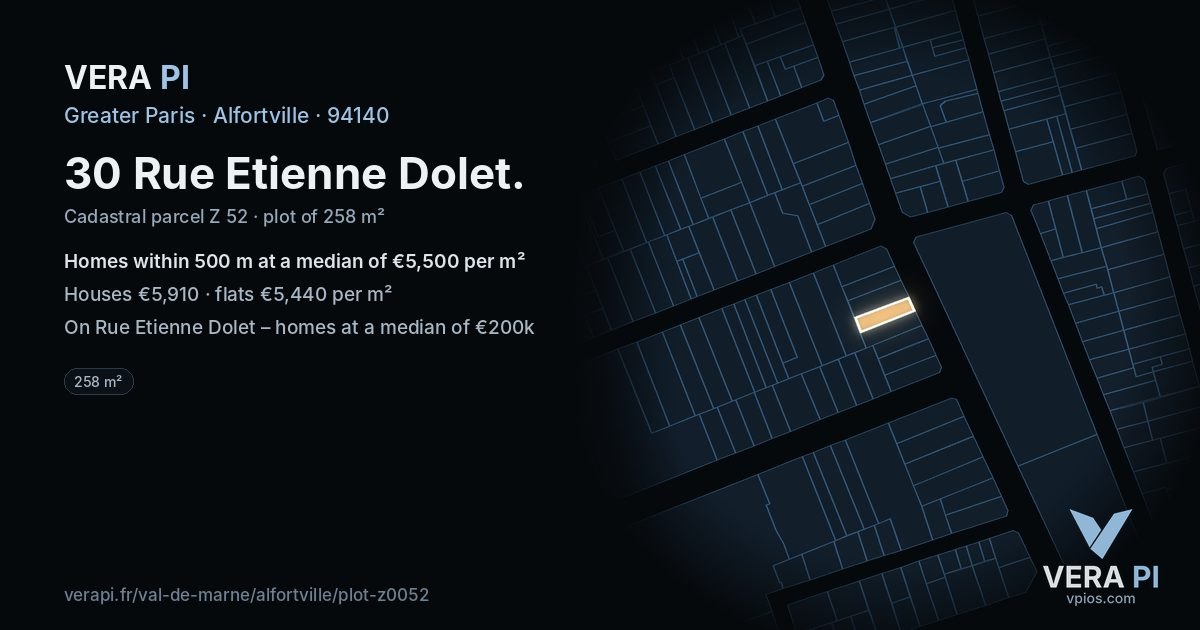 30 Rue Etienne Dolet, Alfortville at night – the plot lit, the parcels around coloured by the prices near them