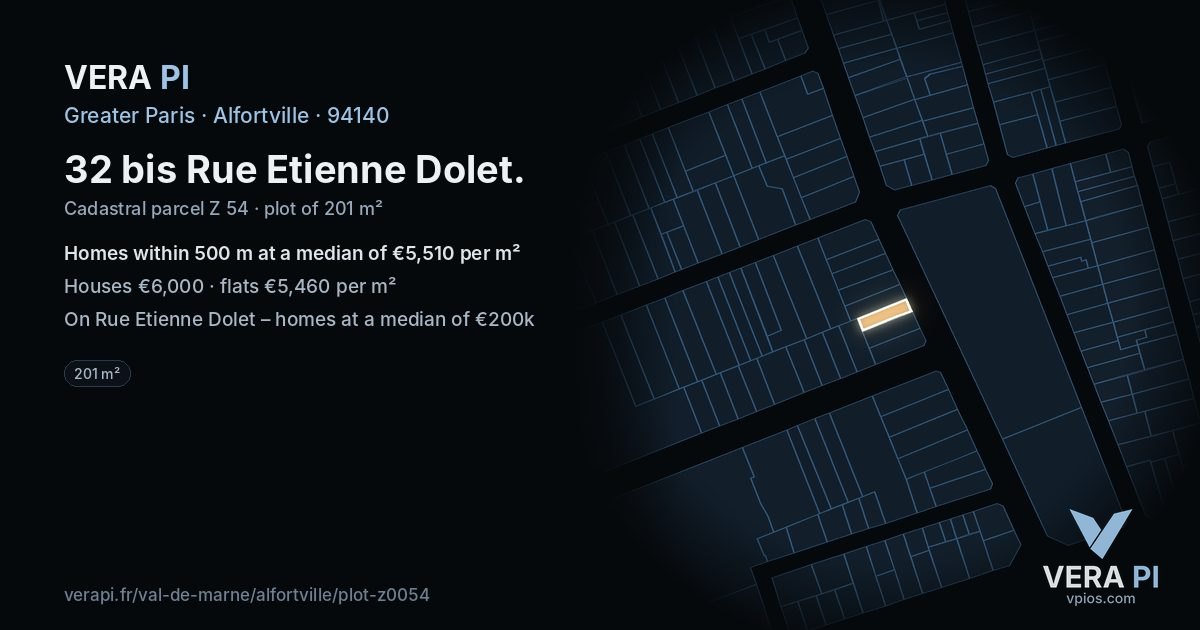 32 bis Rue Etienne Dolet, Alfortville at night – the plot lit, the parcels around coloured by the prices near them