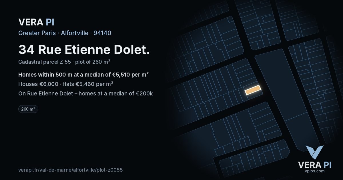 34 Rue Etienne Dolet, Alfortville at night – the plot lit, the parcels around coloured by the prices near them